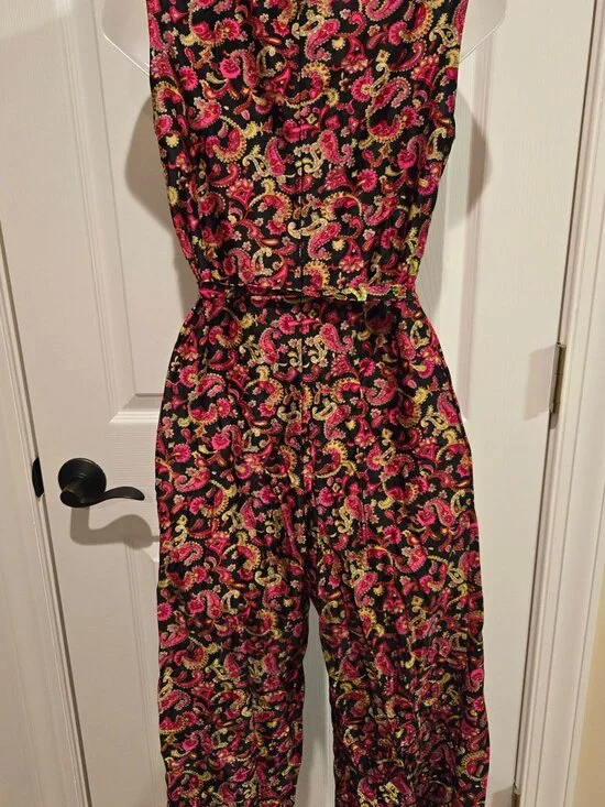 Vintage 1960s Pink & Green Paisley Sleeveless Jumpsuit Size Small - Picture 12 of 13